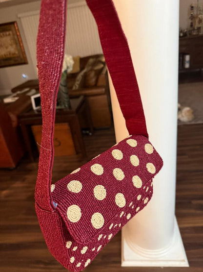 Trending Beaded Bags and Resort Collection - Sol Mer Polka Dot Maroon & Cream Shoulder Bag