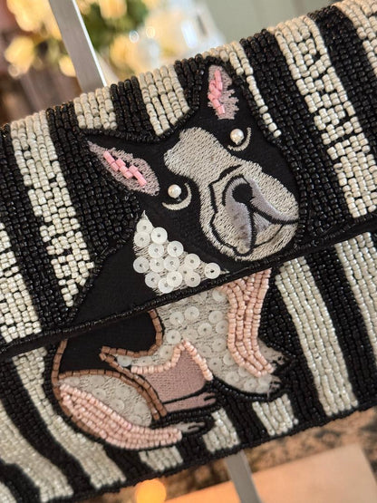 Trending Beaded Bags and Resort Collection - Frenchie Dog Black & White Striped Beaded Shoulder Bag