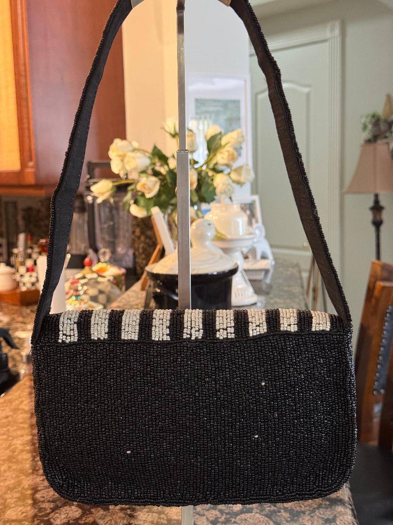 Trending Beaded Bags and Resort Collection - Frenchie Dog Black & White Striped Beaded Shoulder Bag