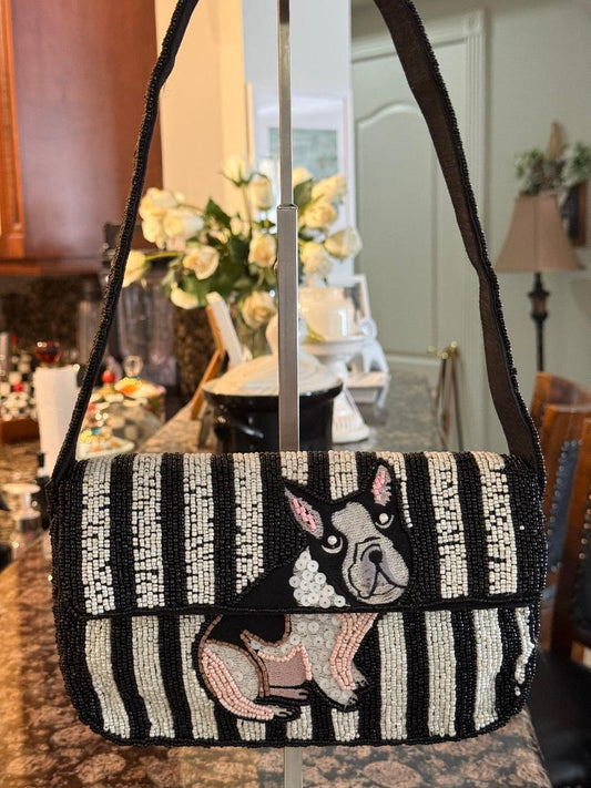 Trending Beaded Bags and Resort Collection - Frenchie Dog Black & White Striped Beaded Shoulder Bag