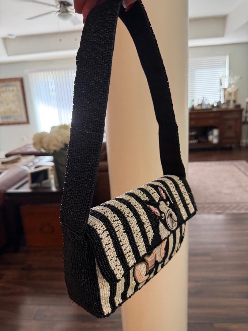 Trending Beaded Bags and Resort Collection - Frenchie Dog Black & White Striped Beaded Shoulder Bag