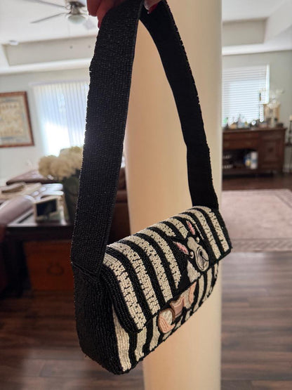 Trending Beaded Bags and Resort Collection - Frenchie Dog Black & White Striped Beaded Shoulder Bag