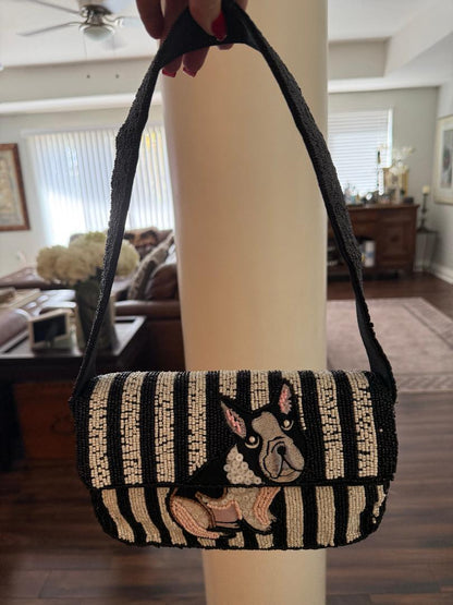 Trending Beaded Bags and Resort Collection - Frenchie Dog Black & White Striped Beaded Shoulder Bag