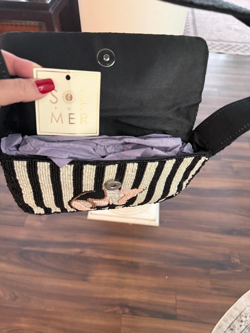 Trending Beaded Bags and Resort Collection - Frenchie Dog Black & White Striped Beaded Shoulder Bag