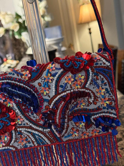 Trending Beaded Bags and Resort Collection - Red & Blue Sequined Fringe Shoulder Bag