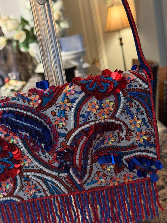 Trending Beaded Bags and Resort Collection - Red & Blue Sequined Fringe Shoulder Bag