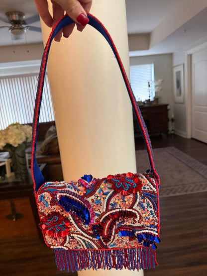 Trending Beaded Bags and Resort Collection - Red & Blue Sequined Fringe Shoulder Bag