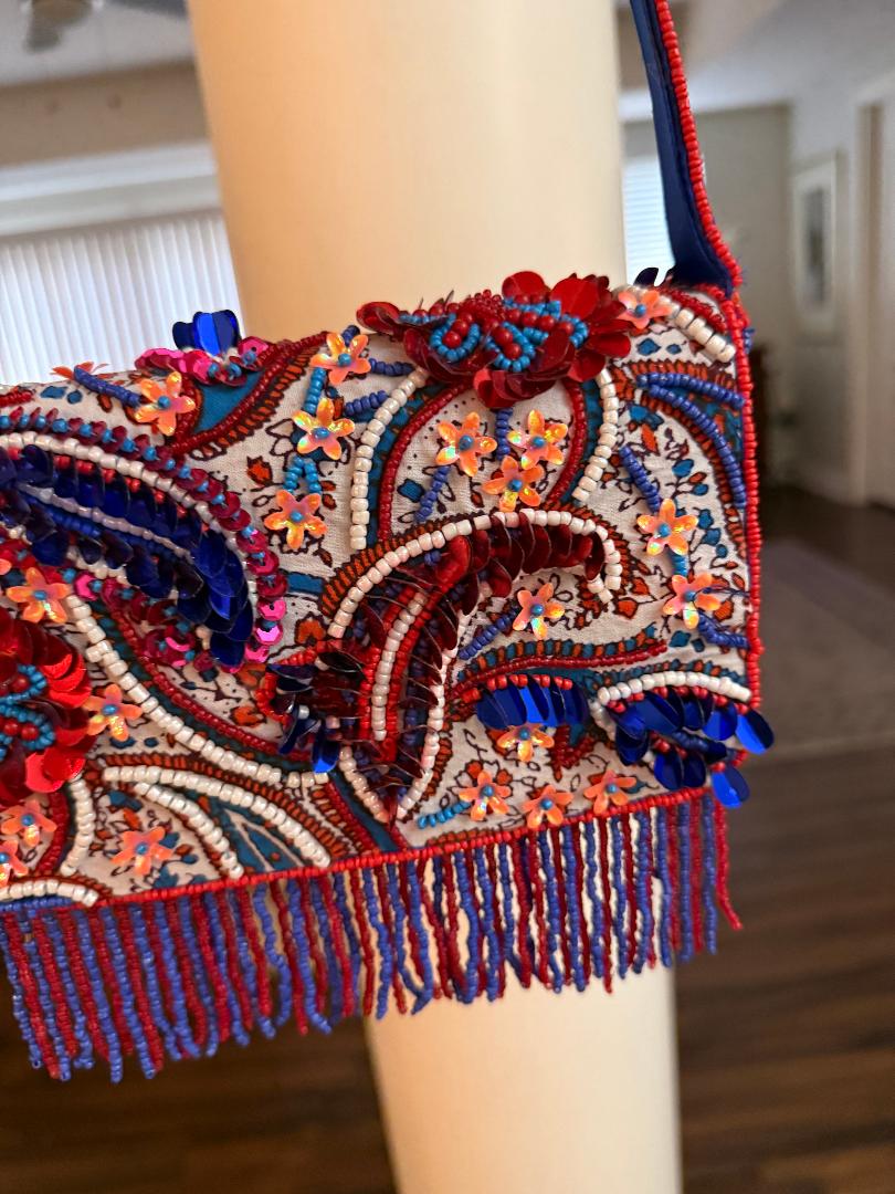 Trending Beaded Bags and Resort Collection - Red & Blue Sequined Fringe Shoulder Bag