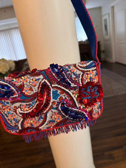 Trending Beaded Bags and Resort Collection - Red & Blue Sequined Fringe Shoulder Bag