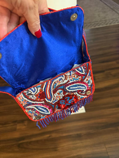 Trending Beaded Bags and Resort Collection - Red & Blue Sequined Fringe Shoulder Bag