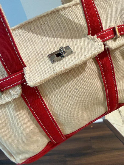 Trending Beaded Bags and Resort Collection - BOATKIN SMALL Red/White Canvas Tote Bag