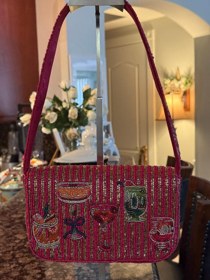 Trending Beaded Bags and Resort Collection - Berry Red & Gold Striped Cocktail Beaded Shoulder Bag