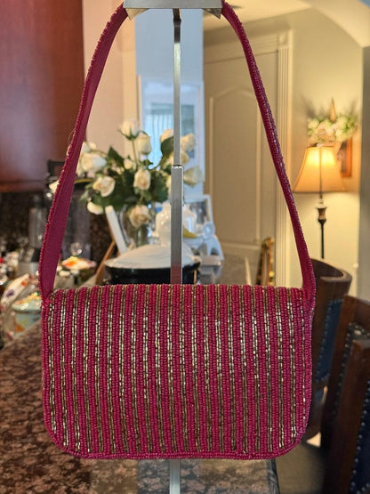 Trending Beaded Bags and Resort Collection - Berry Red & Gold Striped Cocktail Beaded Shoulder Bag