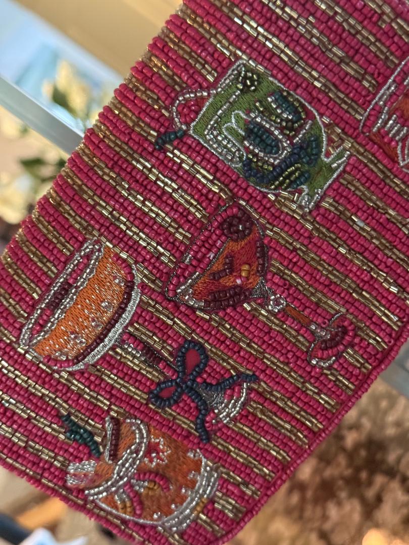 Trending Beaded Bags and Resort Collection - Berry Red & Gold Striped Cocktail Beaded Shoulder Bag