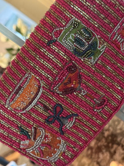 Trending Beaded Bags and Resort Collection - Berry Red & Gold Striped Cocktail Beaded Shoulder Bag