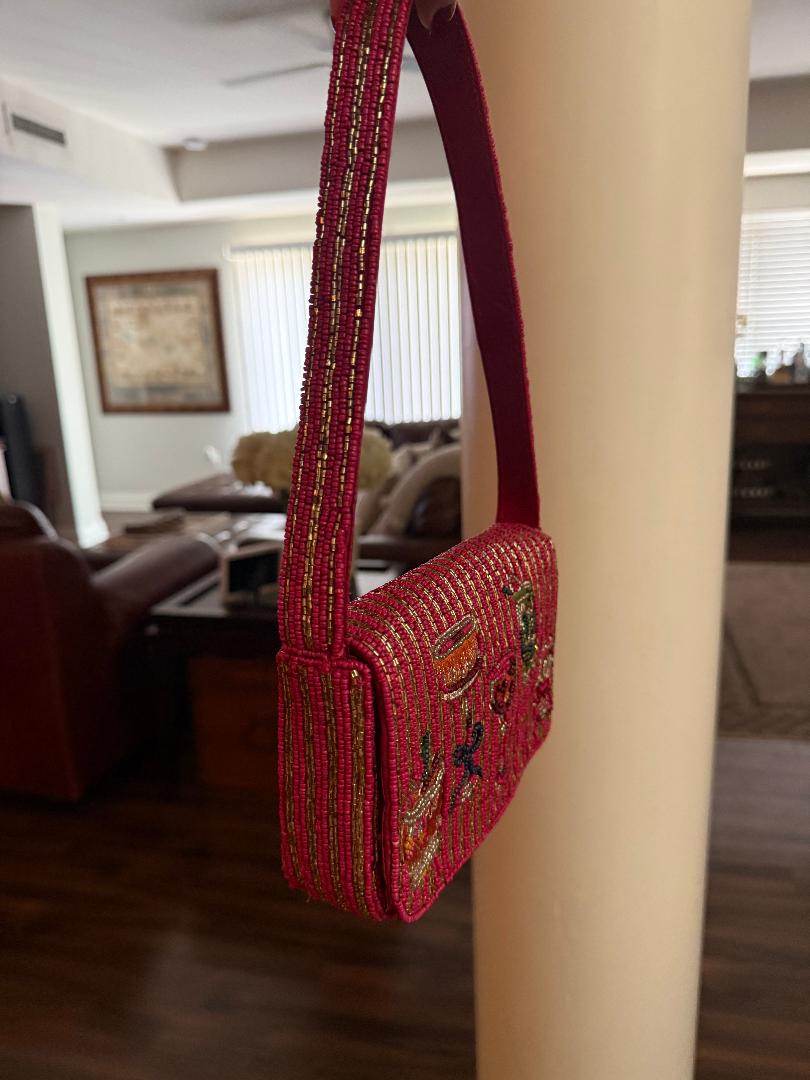 Trending Beaded Bags and Resort Collection - Berry Red & Gold Striped Cocktail Beaded Shoulder Bag