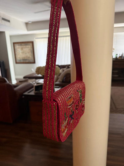 Trending Beaded Bags and Resort Collection - Berry Red & Gold Striped Cocktail Beaded Shoulder Bag