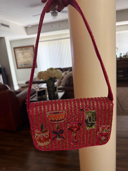 Trending Beaded Bags and Resort Collection - Berry Red & Gold Striped Cocktail Beaded Shoulder Bag