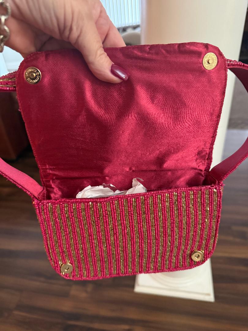 Trending Beaded Bags and Resort Collection - Berry Red & Gold Striped Cocktail Beaded Shoulder Bag