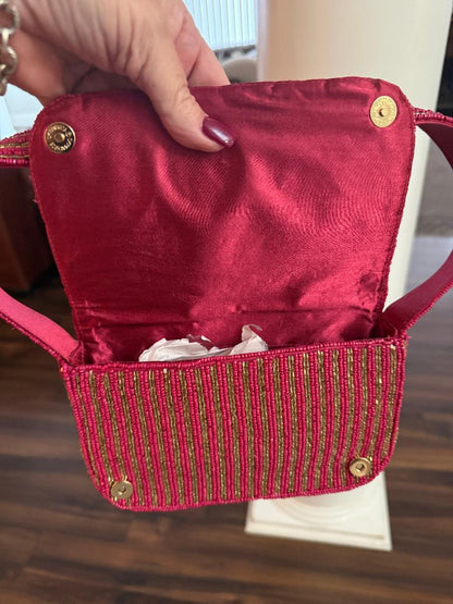 Trending Beaded Bags and Resort Collection - Berry Red & Gold Striped Cocktail Beaded Shoulder Bag