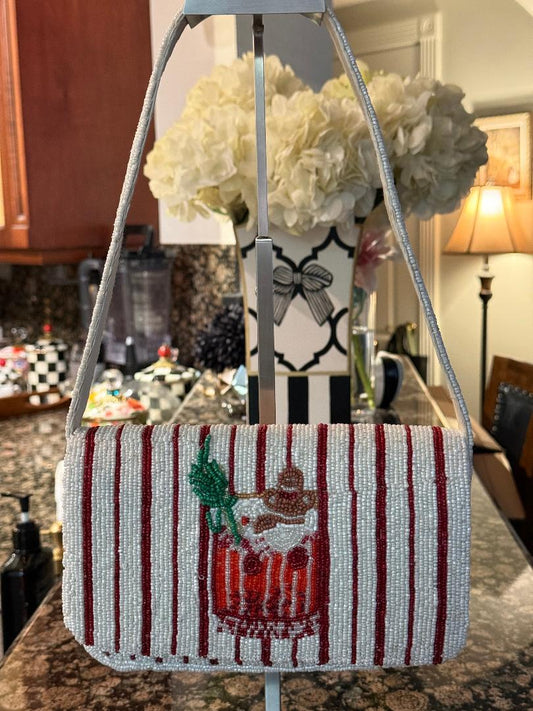 Trending Beaded Bags and Resort Collection - Red & White Striped Beaded Cocktail Shoulder Bag with Gingerbread