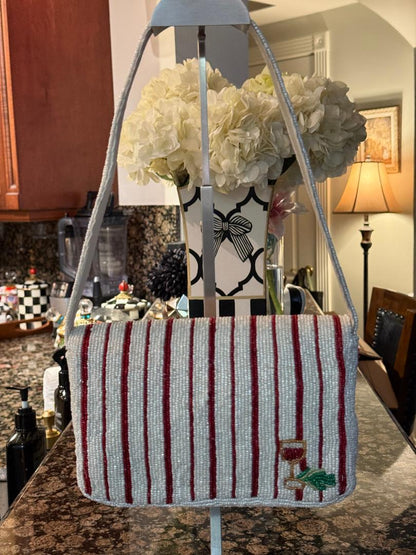 Trending Beaded Bags and Resort Collection - Red & White Striped Beaded Cocktail Shoulder Bag with Gingerbread