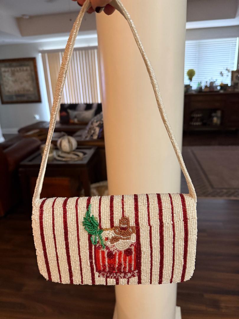 Trending Beaded Bags and Resort Collection - Red & White Striped Beaded Cocktail Shoulder Bag with Gingerbread
