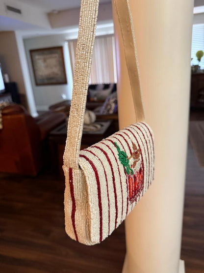 Trending Beaded Bags and Resort Collection - Red & White Striped Beaded Cocktail Shoulder Bag with Gingerbread