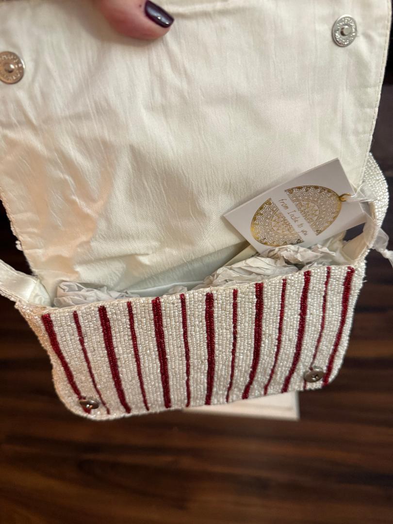 Trending Beaded Bags and Resort Collection - Red & White Striped Beaded Cocktail Shoulder Bag with Gingerbread