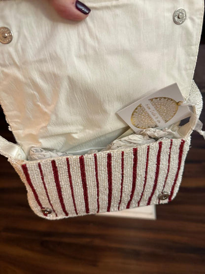 Trending Beaded Bags and Resort Collection - Red & White Striped Beaded Cocktail Shoulder Bag with Gingerbread
