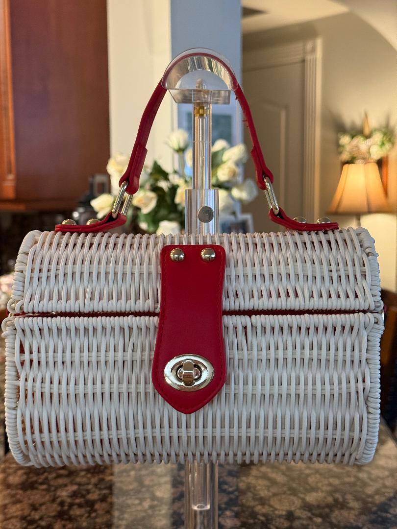 Trending Beaded Bags and Resort Collection - Tommy Bahama Red White Wicker Crossbody Tote