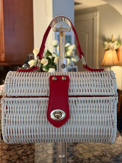 Trending Beaded Bags and Resort Collection - Tommy Bahama Red White Wicker Crossbody Tote