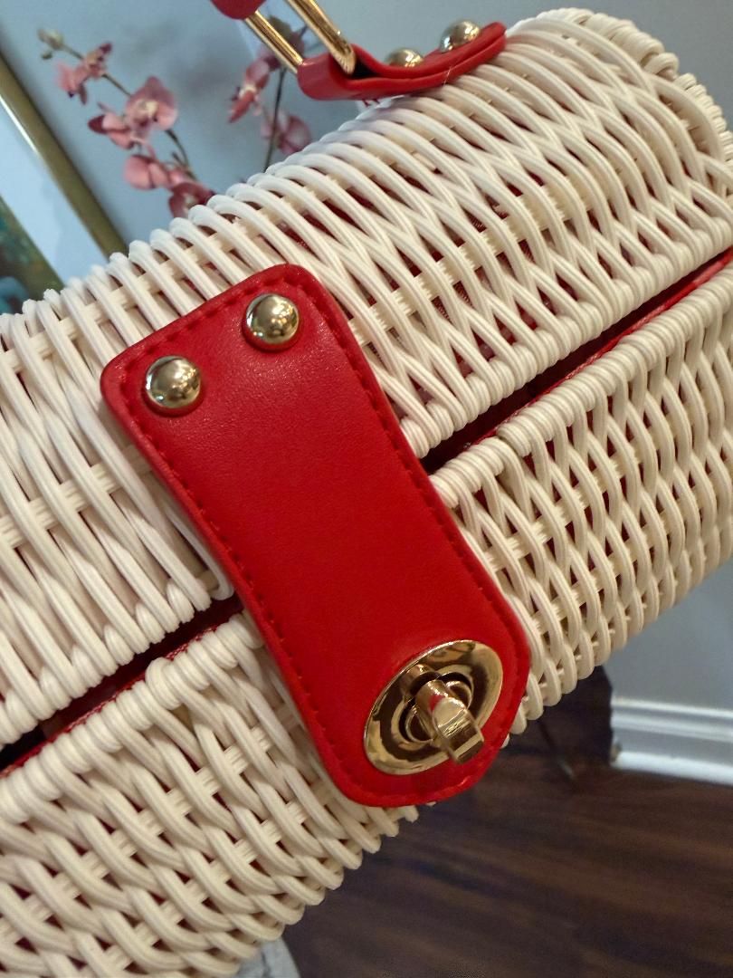 Trending Beaded Bags and Resort Collection - Tommy Bahama Red White Wicker Crossbody Tote