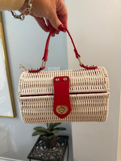 Trending Beaded Bags and Resort Collection - Tommy Bahama Red White Wicker Crossbody Tote
