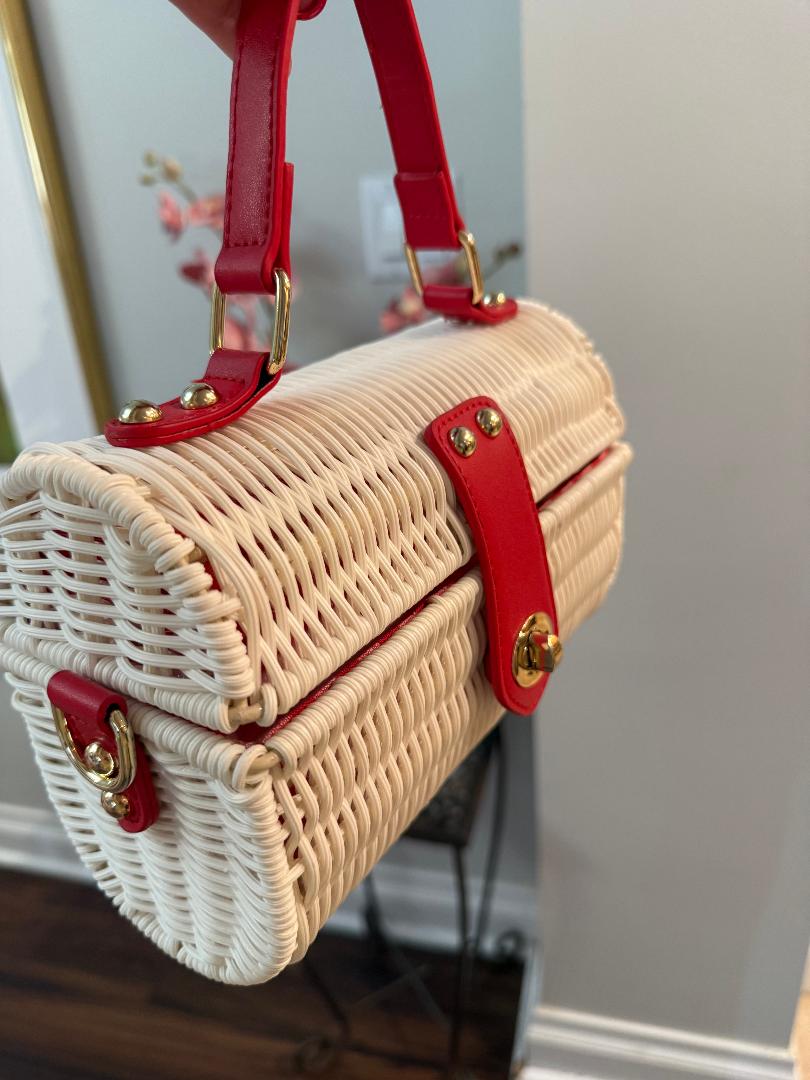 Trending Beaded Bags and Resort Collection - Tommy Bahama Red White Wicker Crossbody Tote