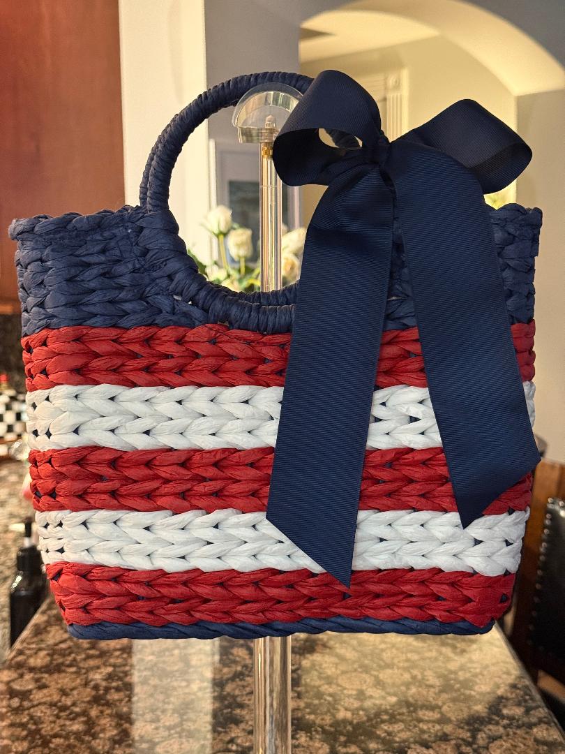 Trending Beaded Bags and Resort Collection - Red White & Blue Navy Blue Bow Tote