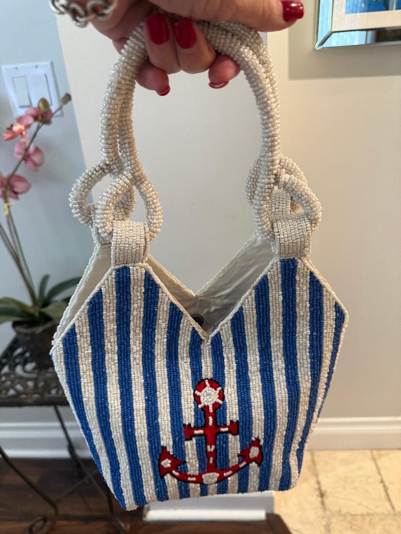 Trending Beaded Bags and Resort Collection - Blue Stripe with Red Anchor