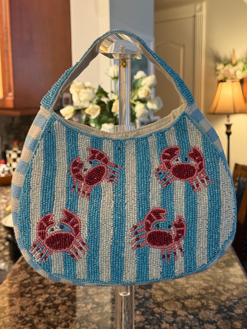 Trending Beaded Bags and Resort Collection - Blue & White Striped Red Crab Small Tote