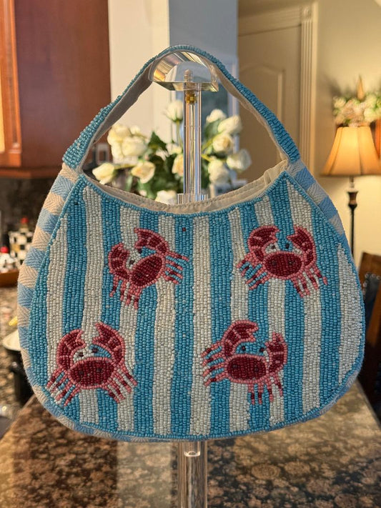 Trending Beaded Bags and Resort Collection - Blue & White Striped Red Crab Small Tote
