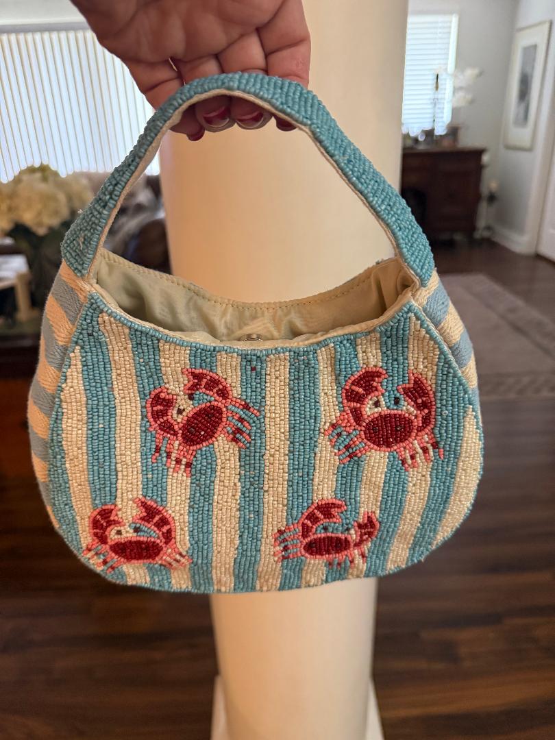 Trending Beaded Bags and Resort Collection - Blue & White Striped Red Crab Small Tote