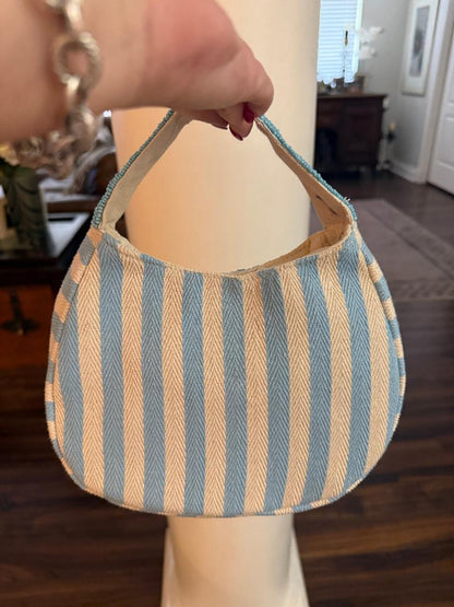 Trending Beaded Bags and Resort Collection - Blue & White Striped Red Crab Small Tote