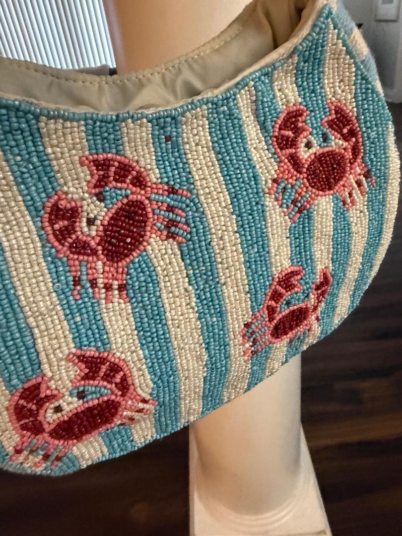 Trending Beaded Bags and Resort Collection - Blue & White Striped Red Crab Small Tote