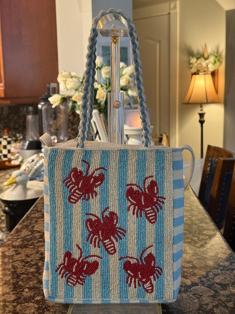 Trending Beaded Bags and Resort Collection - Blue & White Striped Red Lobster Crossbody