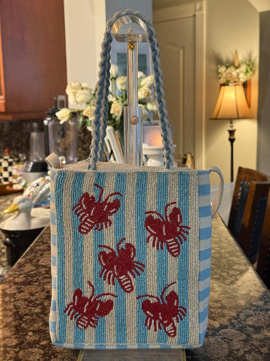 Trending Beaded Bags and Resort Collection - Blue & White Striped Red Lobster Crossbody
