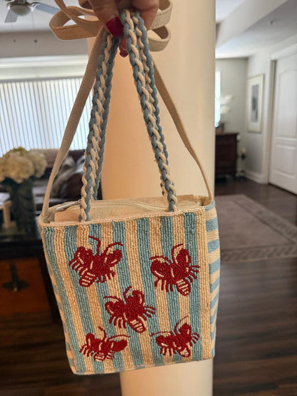 Trending Beaded Bags and Resort Collection - Blue & White Striped Red Lobster Crossbody