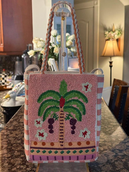 Trending Beaded Bags and Resort Collection - Hot Pink & White Striped Palm Tree Crossbody