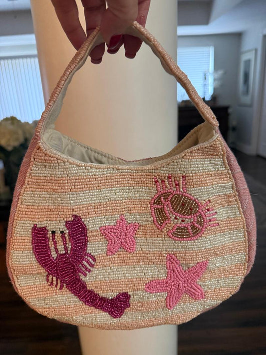 Trending Beaded Bags and Resort Collection - Pink & White Striped Starfish Crab Small Tote