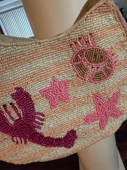 Trending Beaded Bags and Resort Collection - Pink & White Striped Starfish Crab Small Tote