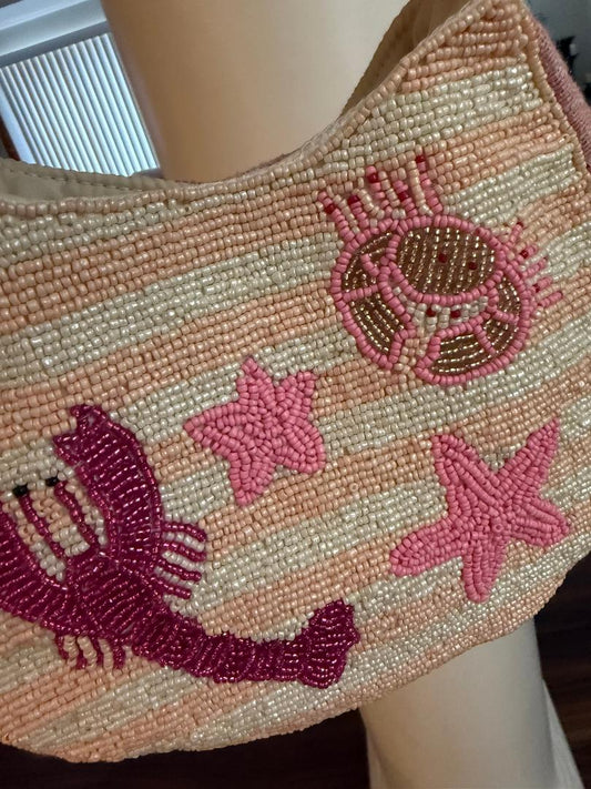 Trending Beaded Bags and Resort Collection - Pink & White Striped Starfish Crab Small Tote