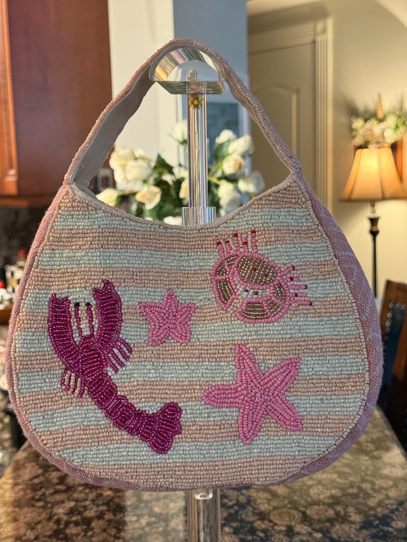 Trending Beaded Bags and Resort Collection - Pink & White Striped Starfish Crab Small Tote